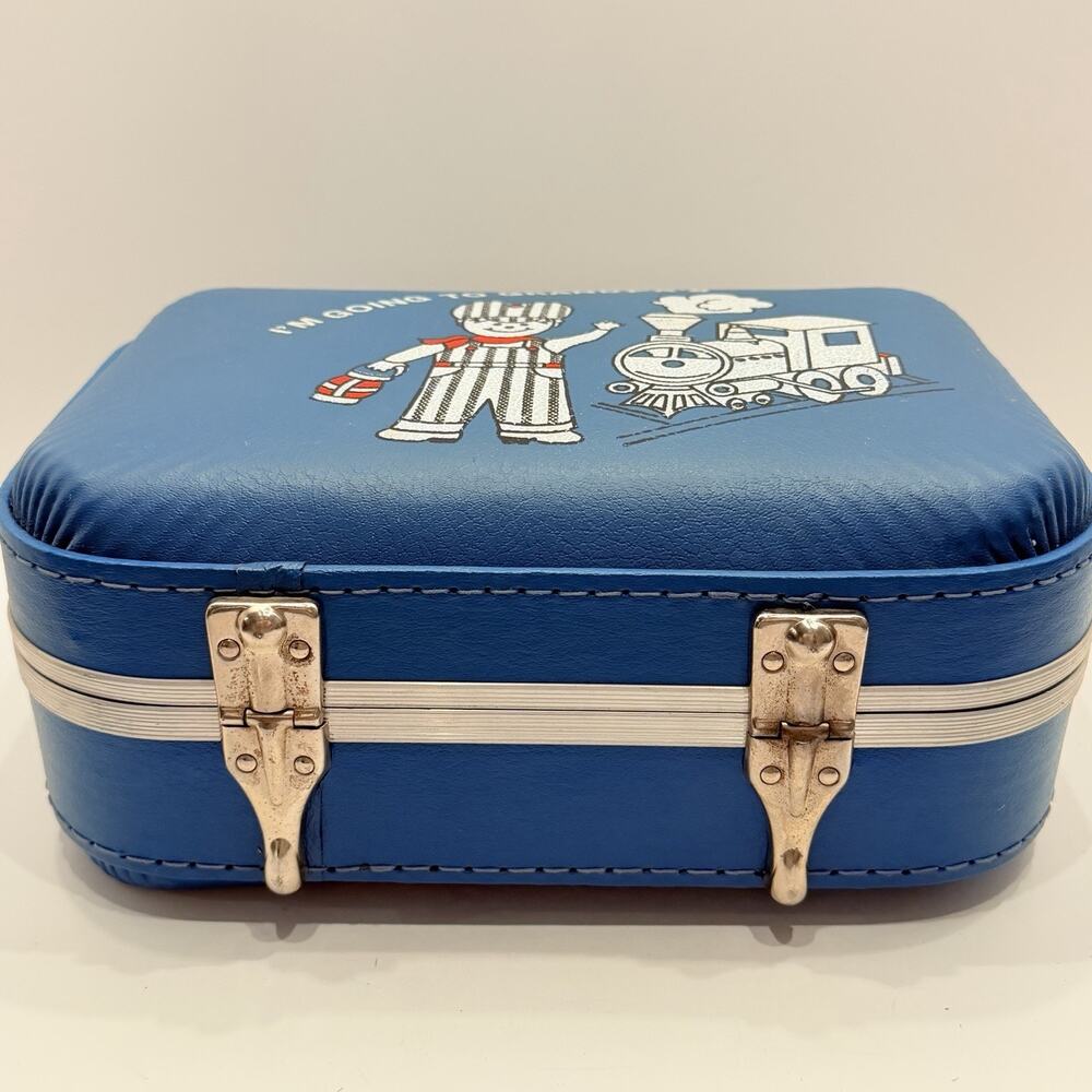 Vintage Small Blue Kids (Boy Train) "I'm Going to Grandma's" Hard Sided Suitcase - Picture 11 of 12